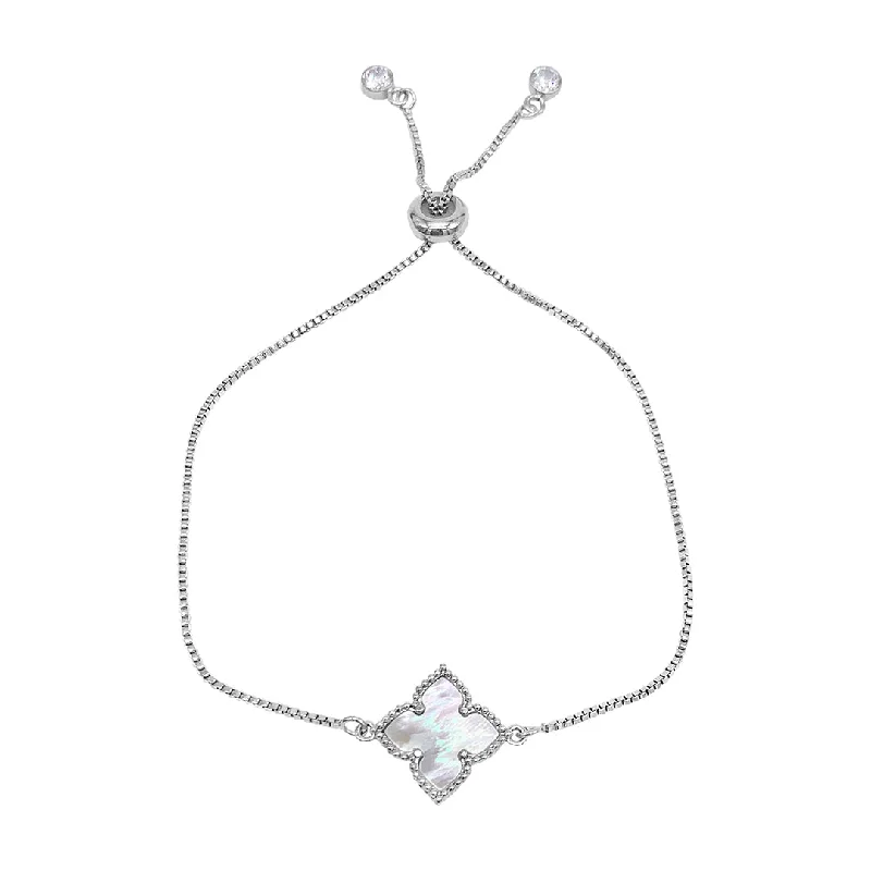 Premium Jewelry Now Available At Special Discounts Rhodium Plated White Mother of Pearl Flower Adjustable Bolo Bracelet