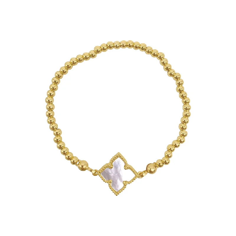 Chic And Stylish Jewelry At Exclusive Prices 14k Gold Plated White Mother of Pearl Flower Stretch Ball Bracelet