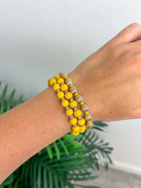 Timeless Elegance Now At Special Discounts Wood Stack Stretch Bracelet Set - Mustard