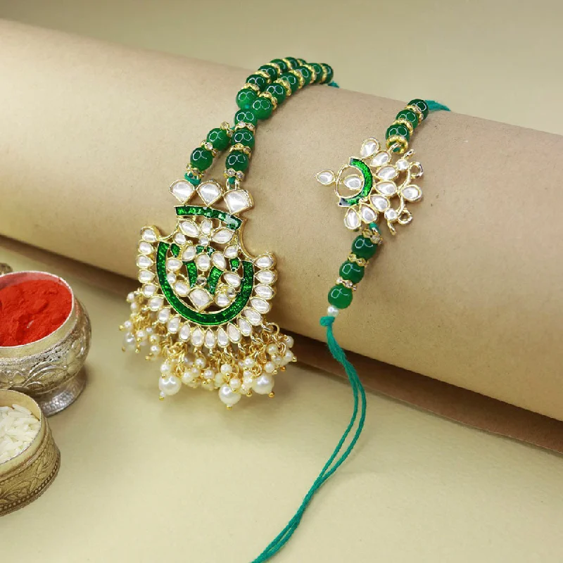 Must-Have Jewelry Pieces At Reduced Prices Etnico Designer Bhaiya Bhabhi Hanging Lumba Rakhi Combo Set for Rakshabhandan (R066G-CO)