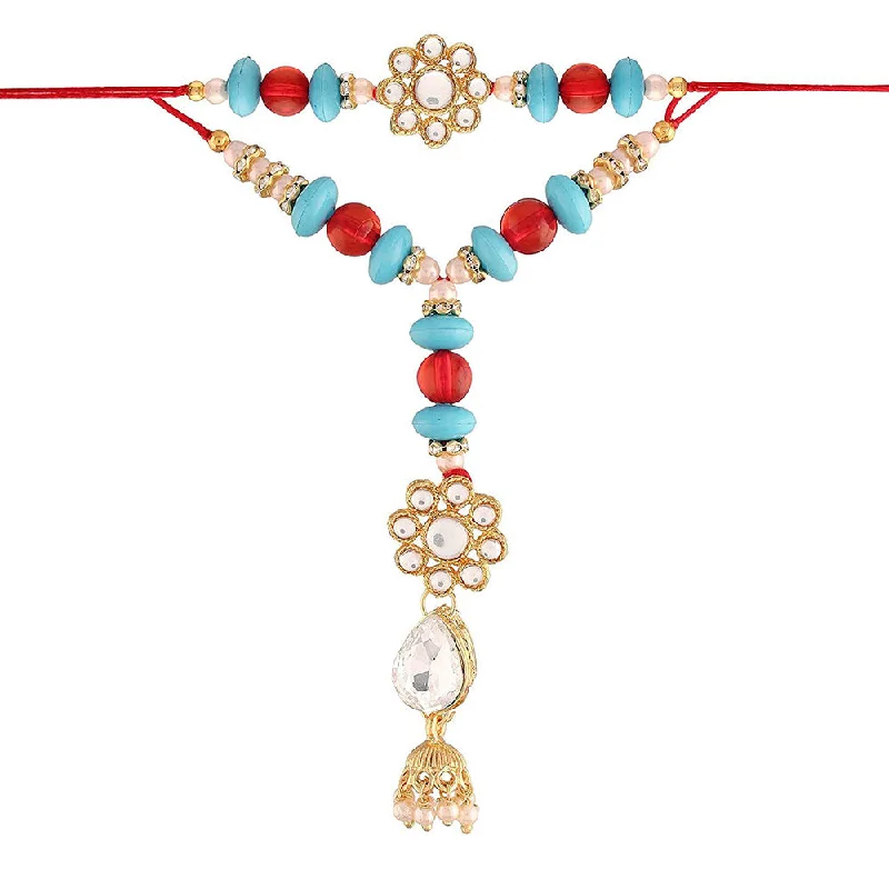 Elegant Necklaces And Bracelets At Limited-Time Offers Etnico Gold Plated Kundan and Jhumki Style Bhaiya Bhabhi Rakhi Set (R613CO)