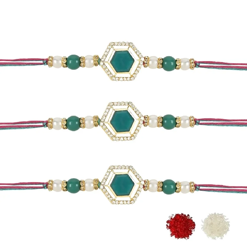Sparkle On A Budget – Fine Jewelry For Less Etnico I Jewels Pearl & Kundan Designer Bhaiya Rakhi With Roli Chawal for Brother/Bro/Men with Rakshabandhan Card (R113G-3) (Pack of 3)