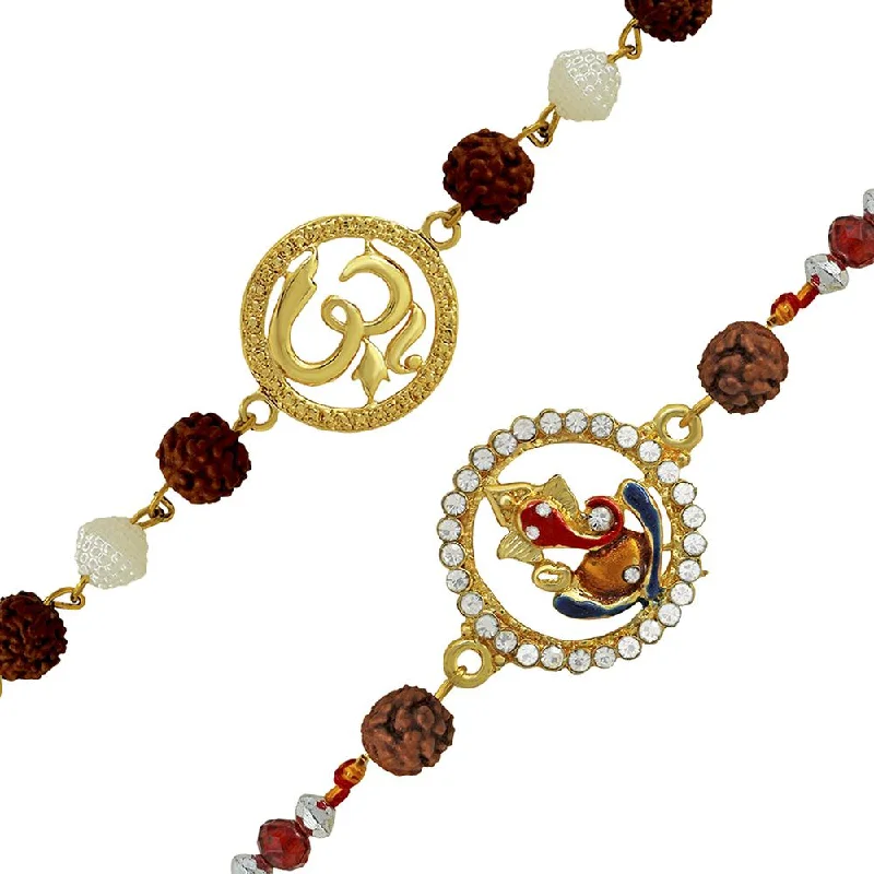 Flash Deals On Fine Jewelry – Shop Before It's Gone Mahi Combo of Om and Ganesha Rakhi's with Brown and White Rudraksha, Beads and Crystals for Adorable Brother (RCO1105237G)