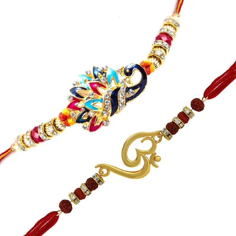 Shop Modern Jewelry Collections With Exclusive Discounts Mahi Combo of Om and Peacock 'Bhaiya bhabhi' Rakhis with Crystals and Rudraksha RCO1105128G Shop Modern Jewelry Collections With Exclusive Discounts Mahi Combo of Om and Peacock 'Bhaiya bhabhi' Rakhis with Crystals and Rudraksha RCO1105128G