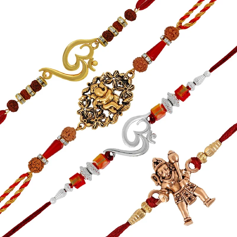 Final Call For Exquisite Jewelry At Reduced Rates Mahi Combo of Om, Ganesha and Hanuman Rakhis with Crystals and Rudraksha for Adorable Brothers RCO1105121M