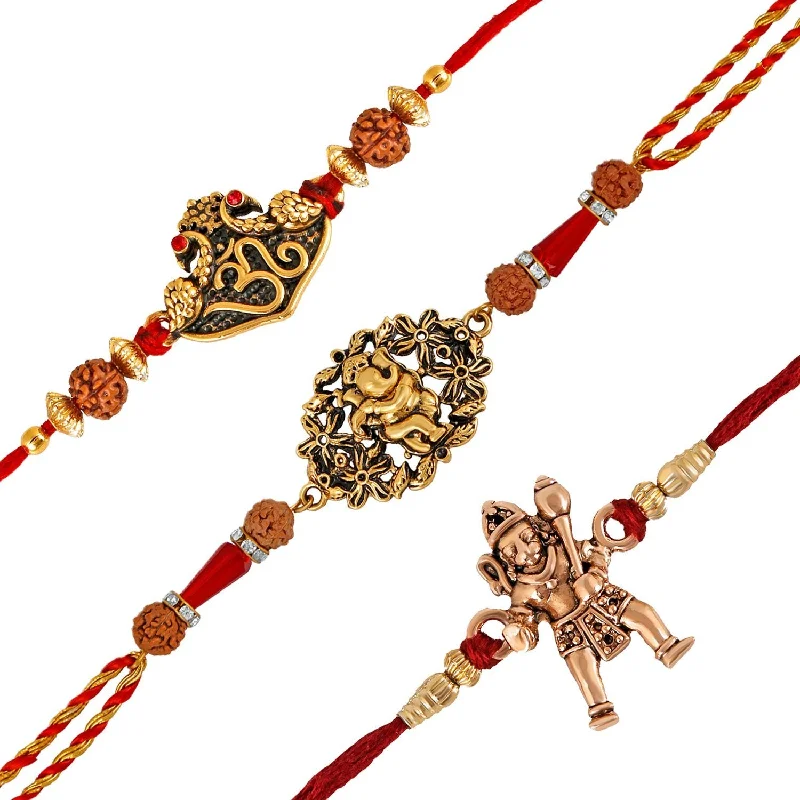 Timeless Jewelry Styles At Wallet-Friendly Prices Mahi Combo of Om, Ganesha and Hanuman Rakhis with Crystals and Rudraksha for Adorable Brothers RCO1105124M