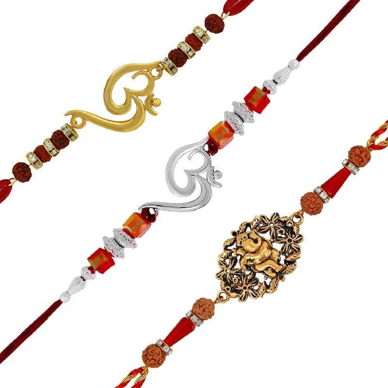 Discover Unique Jewelry With Special Limited-Time Offers Mahi Combo of Om, Ganesha and Hanuman Rakhis with Crystals and Rudraksha for Adorable Brothers RCO1105125M Discover Unique Jewelry With Special Limited-Time Offers Mahi Combo of Om, Ganesha and Hanuman Rakhis with Crystals and Rudraksha for Adorable Brothers RCO1105125M
