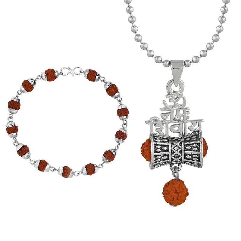 Don't Miss Out On Jaw-Dropping Jewelry Discounts Mahi Combo of Om Nammo Shivay Pendant and Silver Color Cap Bracelet with Rudraksha for Men (CO1105188R)