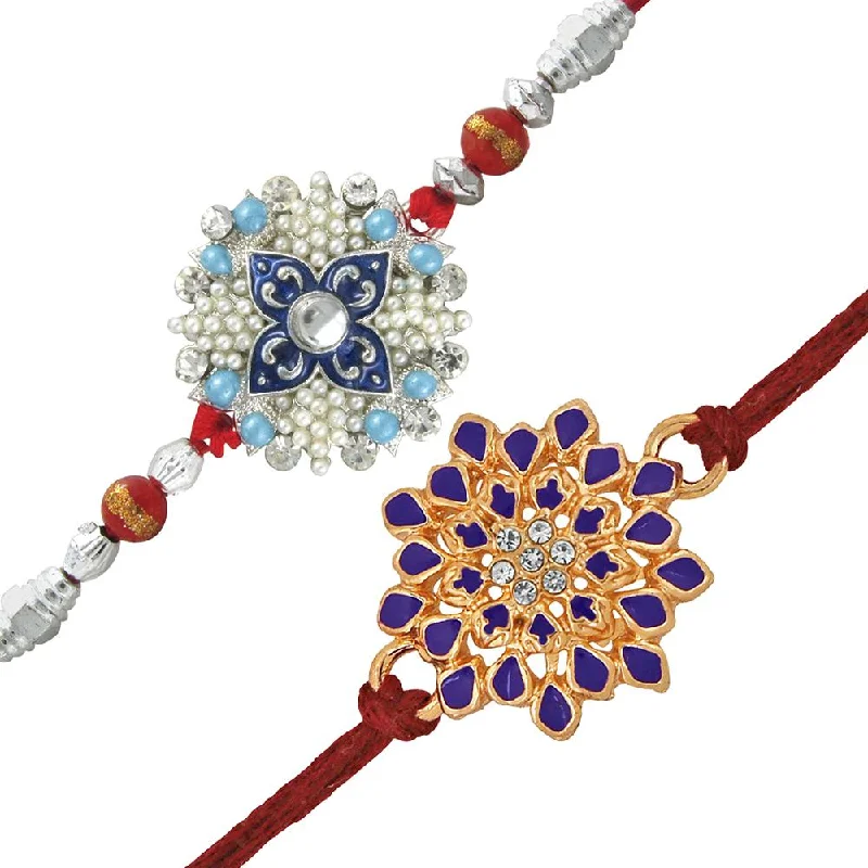 Timeless Elegance, Temporary Discounts – Act Fast Mahi Combo of Two Floral Rakhis with Meenakari Work Crystals and Artificial Pearl for Bhai (RCO1105240M)