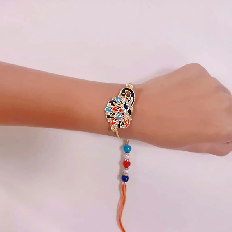 Dazzle With Discounts – Shop Jewelry On Sale Mahi Peacock Shaped Meenakari Work Lumba Rakhi for Bhabhi with Beads and Crystals (RAL1100677G)
